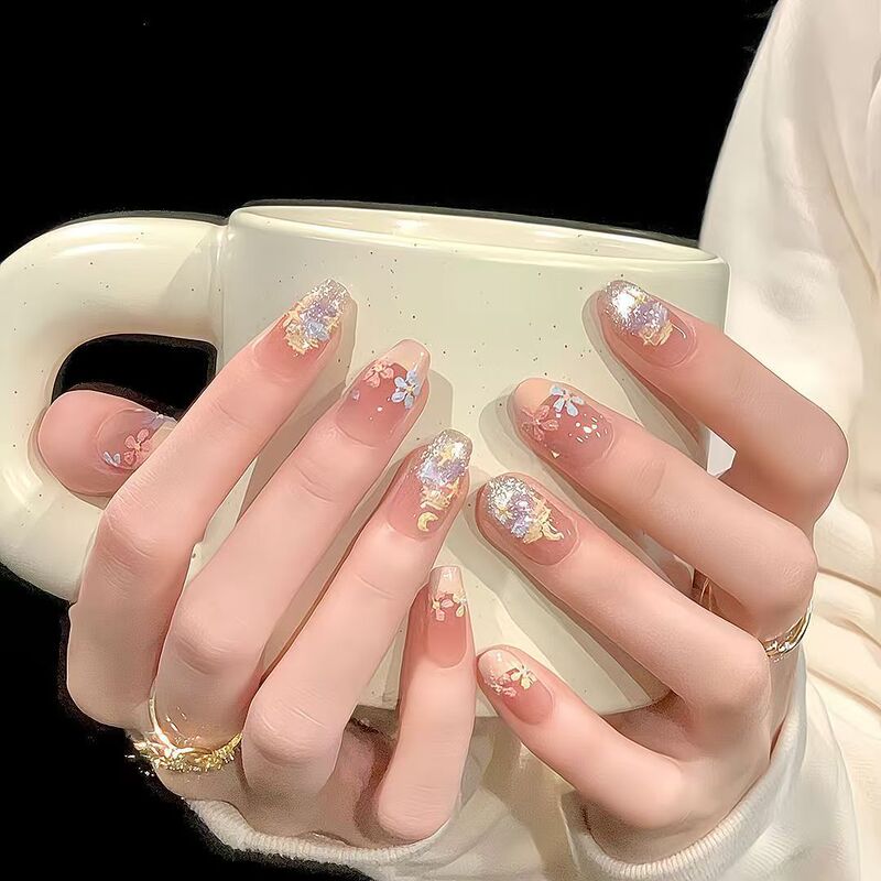 Summer Hand-Painted Monet Oil Painting Garden Mid-Length Cat-Eye Whitening High-End Elegant Removable Wearable Nail Polish Finished Product