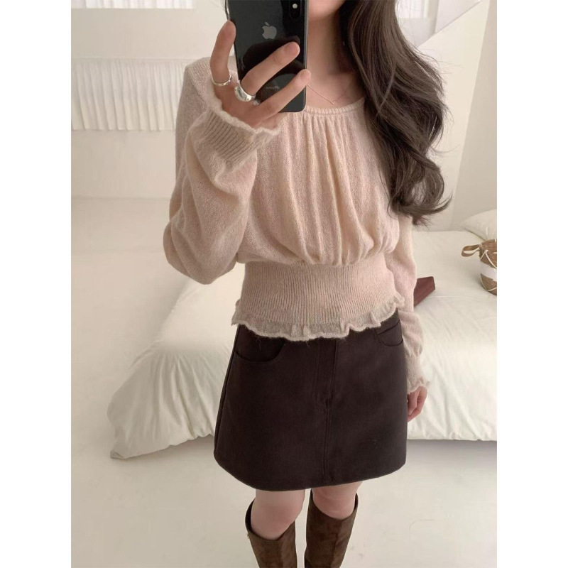 【Mohair Wash】Women's Autumn Ruffled Long-Sleeve Knit Top with Round Neck, Waist-Cinching, Slimming, and Short Design