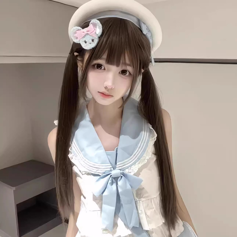 Connie [Sweet Girl] Peruka z długimi włosami dla kobiet, codzienny styl Lolita, prosty podwójny kucyk, kostium JK na całą głowę