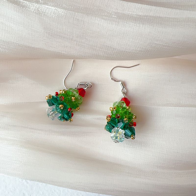 Boucles d'oreilles en perles faites à la main pour fille mignonne avec nœud rouge et sapin de Noël_voghion.com