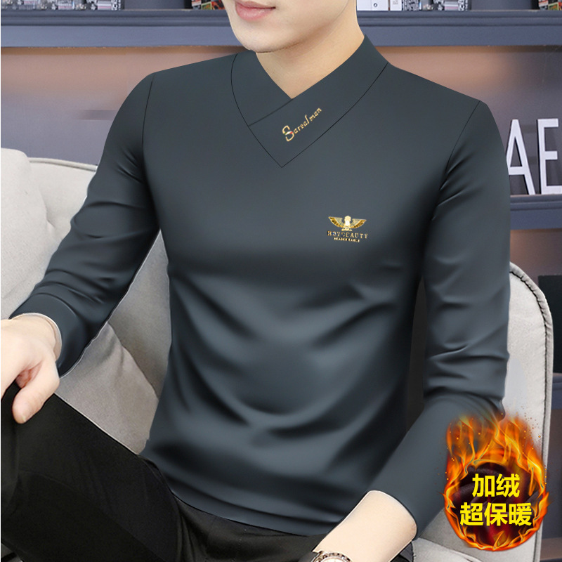 Winter Silver Fox Velvet Men's Long-sleeved T-shirt V-neck fleece-lined Thickened Slim-fit Top Young Men's Inner T-shirt Base