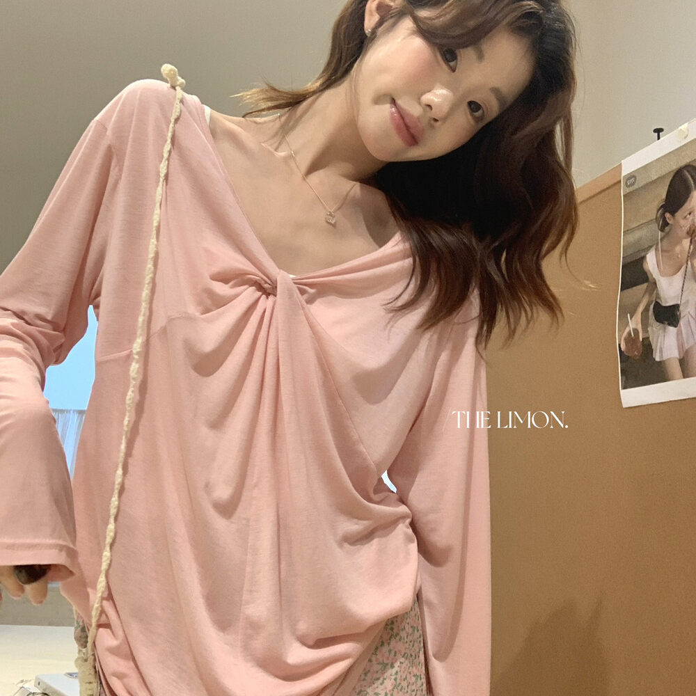 Áo thun nữ tay dài cổ V thiết kế xoắn nút, mặc hai kiểu, chống nắng, form rộng suông — màu hồng, màu cam, màu trắng, xanh lá cây