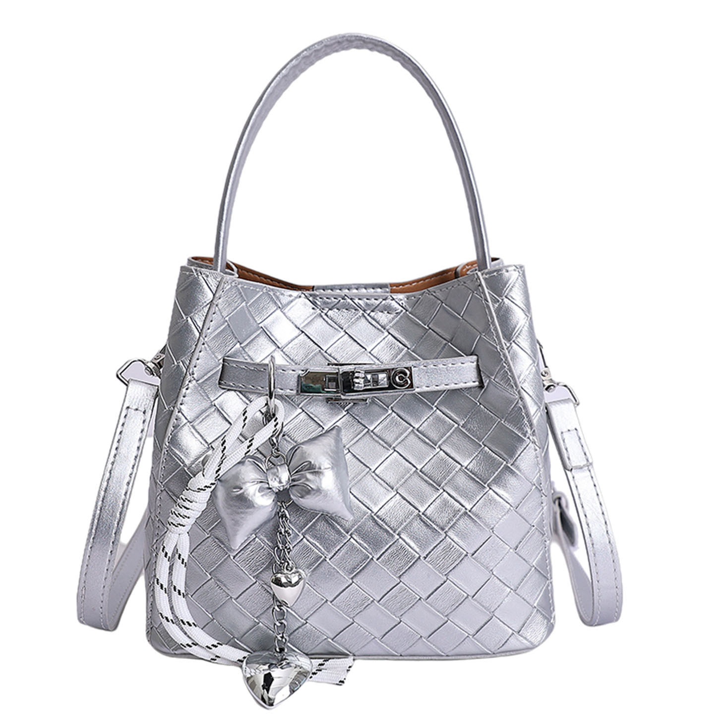 Bolsa de mochila nicho de diseño plateado bolsas de mano femeninas temperamento de viaje de un solo hombro cubo trenzado 2026 nuevo estilo coreano