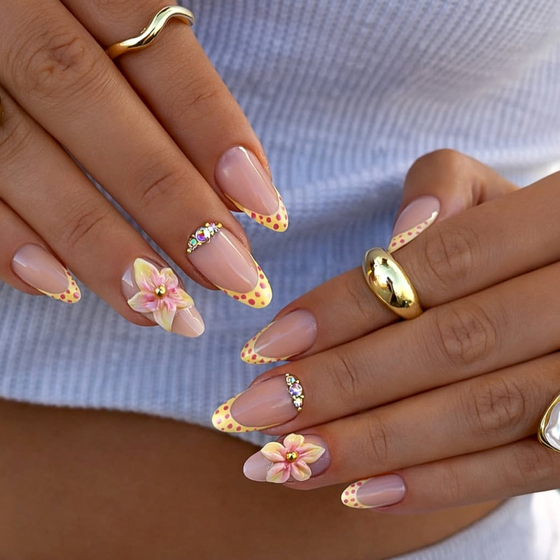 Manicure Almond-Shaped 3D Gel Three-Dimensional Pink Flower Polka Dot French Style Fake Nails Wearable Nail Tips Cross-Border Wholesale Manicure Almond-Shaped 3D Gel Three-Dimensional Pink Flower Polka Dot French Style Fake Nails Wearable Nail Tips Cross-Border Wholesale