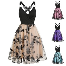 厂家货源跨境热卖O形环肩重工刺绣立体蝴蝶网纱连衣裙晚礼服女032