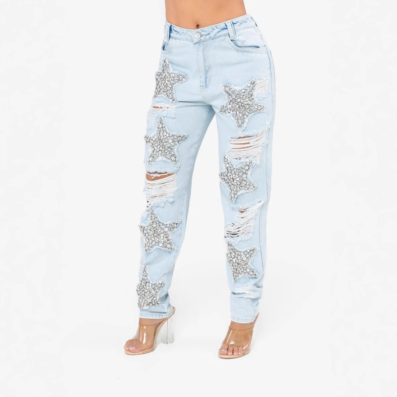 Cross-Border Hot-Selling 2025 Spring New European and American Foreign Trade Fashion Women's Versatile Ripped Rhinestone Straight-Leg Jeans