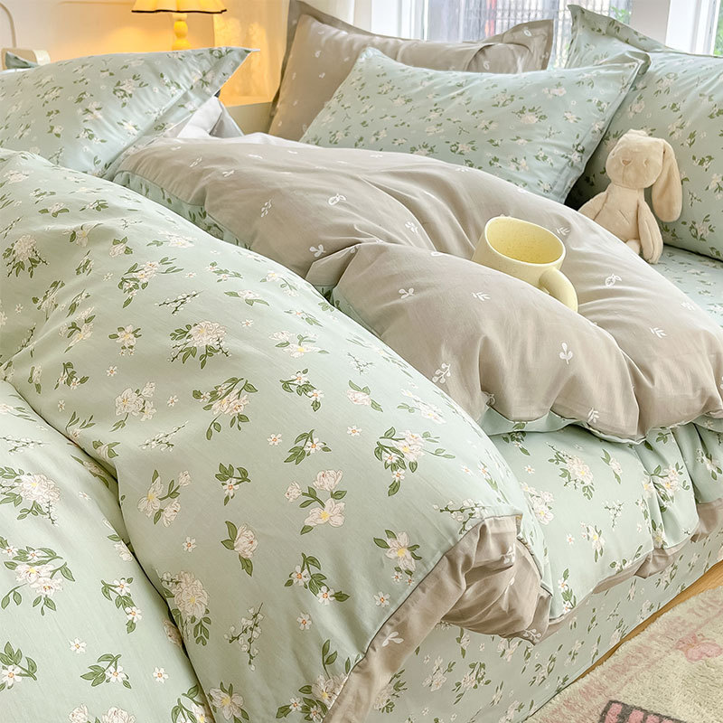 Juego de cuatro piezas de algodón puro, ropa de cama nueva 2024, funda de edredón floral fresca, sábana, cama de tres piezas para dormitorio