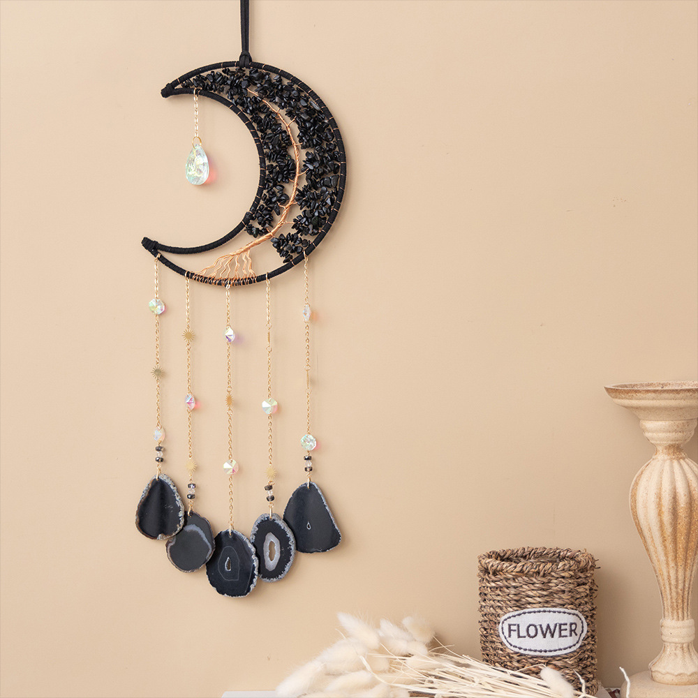 Obsidian crushed crystal agate gemstone life tree handmade copper wire pendant accessory wall moon