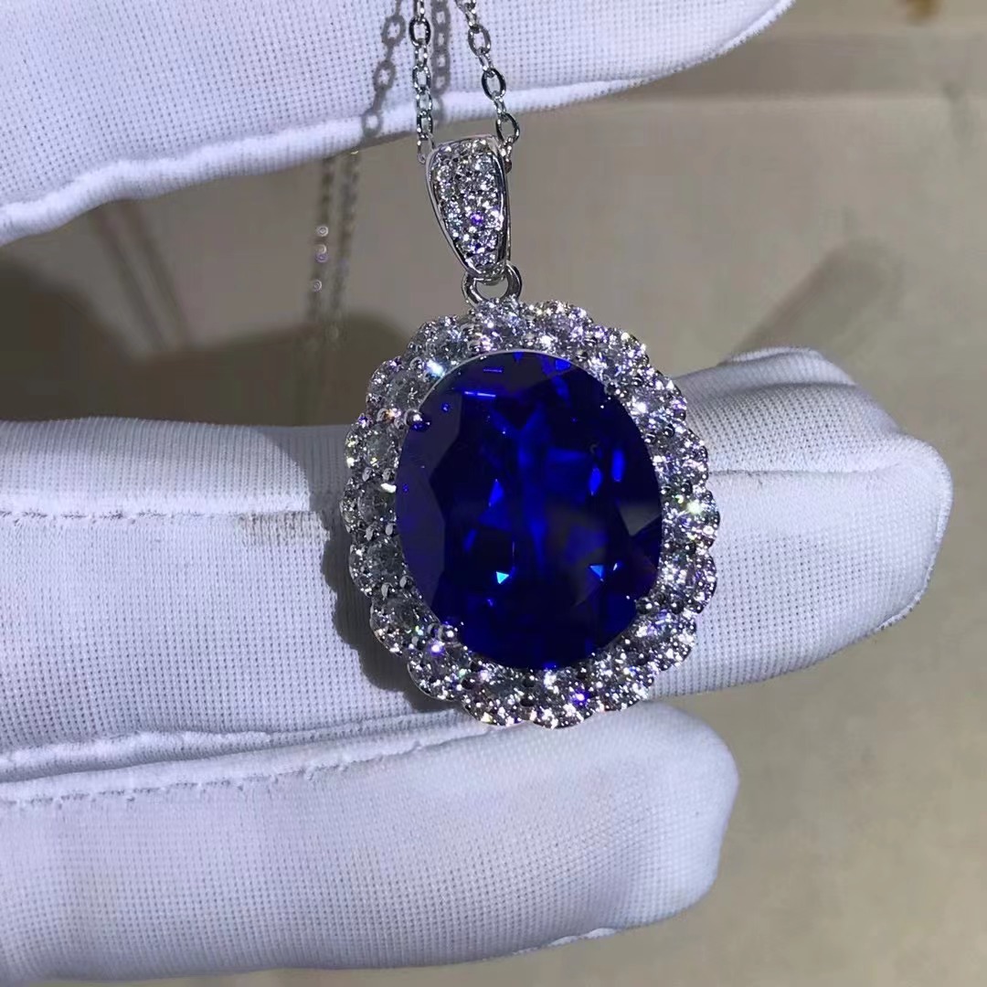 Collar de colgante azul real de corte oval S925 plata incrustado de 15 quilates joyas de zafiro