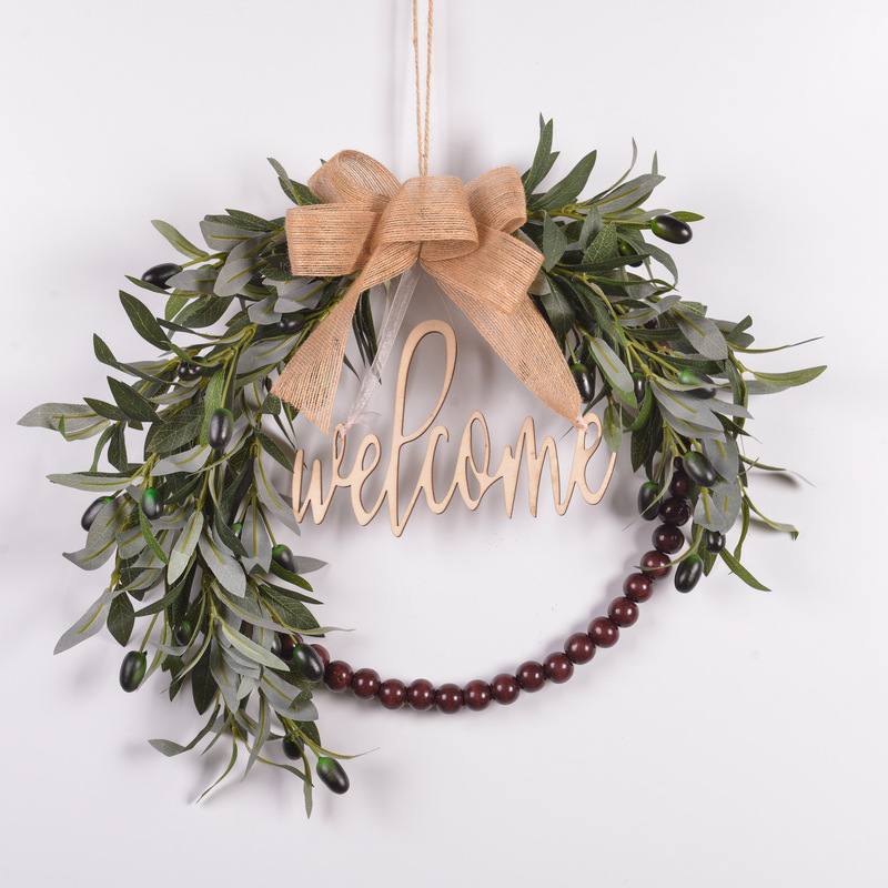 Artificial Olive Leaf Bead Wreath Home Decoration Front Door Hanging Ornament Vintage Wooden Bead Wreath with Bow and Bells
