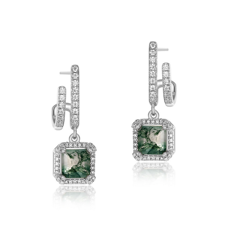 Nuevo producto transfronterizo para S925 plata verde musgo pendientes femeninos de ágata acuática estilo europeo y americano Luz de lujo en stock generación
