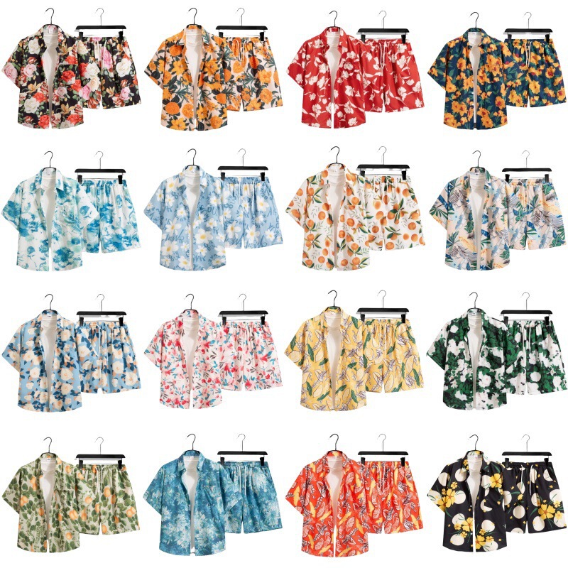 海南島服、東南アジア風スーツ、花柄シャツ、半袖、男女同型、五分袖、ゆったり、ハンサム、ビーチスタイル|undefined