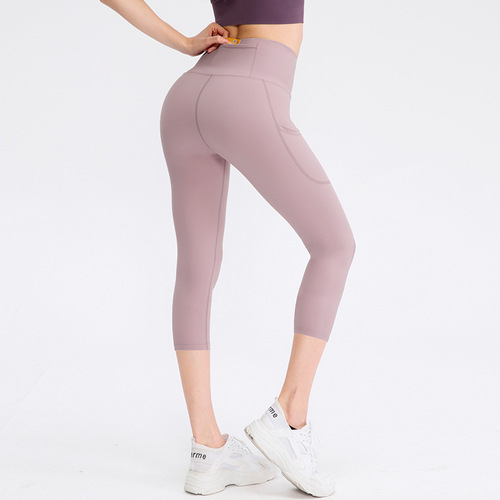 Nude-feeling double-sided skin-friendly yoga cropped pants with pockets, women's elastic tight-fitting butt-lifting fitness running pants 02338