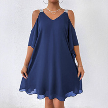 2025夏季外贸现货外贸大牌女士时尚露肩V领雪纺连衣裙女黑色荷叶