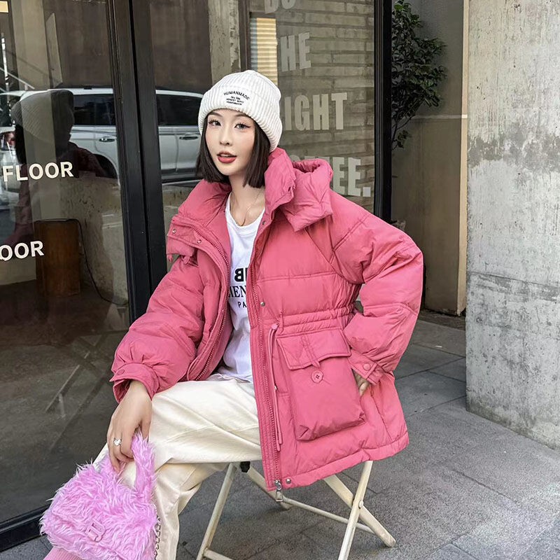 Off-season new white duck down jacket Women's Mid-length waist hooded Korean style large pocket bread coat thickened coat