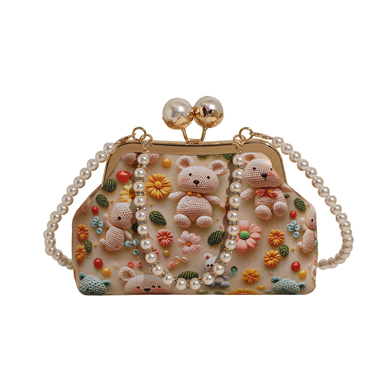 Bolso de mujer 2025 nueva impresión de tela lindo oso bolsa de cena concha de cadena de perlas bolso de mochila