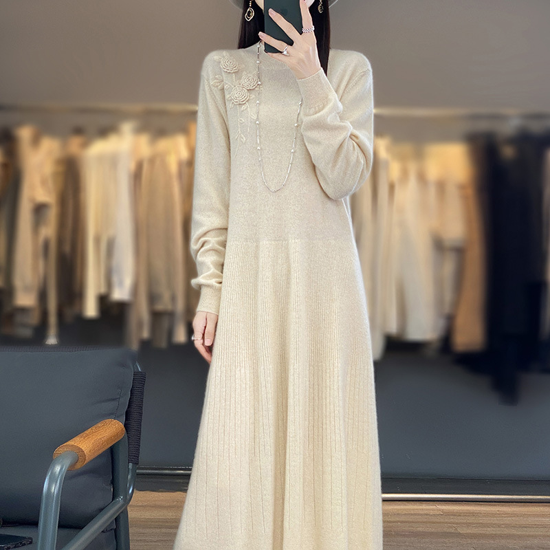 100%纯羊毛2025秋冬新款女装宽松圆领毛衣裙过膝长裙针织衫连衣裙|undefined