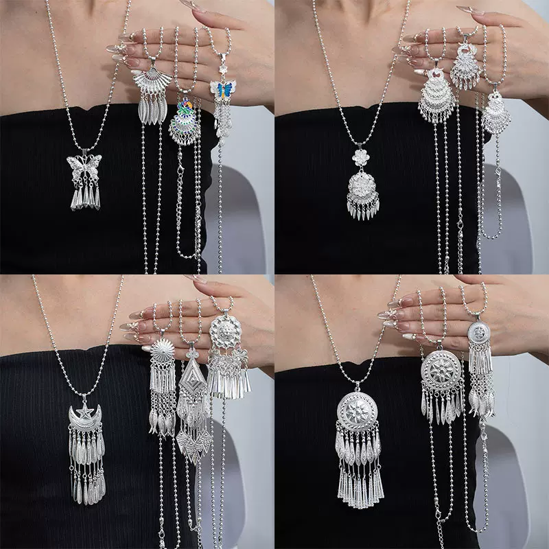 全球热销仿苗银流苏项链女波西米亚民族风彩色蝴蝶孔雀吊坠项饰品