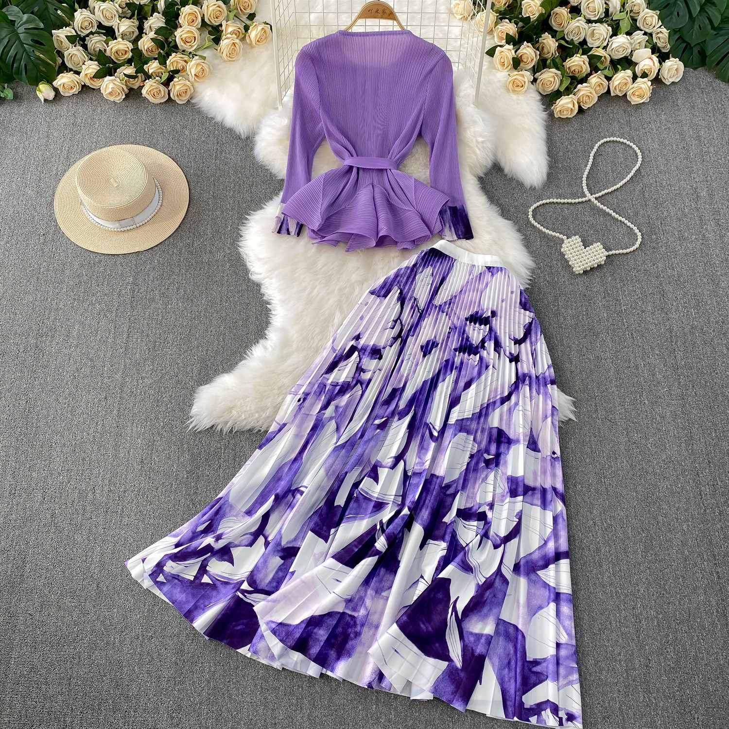 Floral Top And Printed Pleated Skirt Set Women's Stylish 3D Design High Waisted Slimming Irregular Waist Top Skirt Ensemble_ecoleips.com