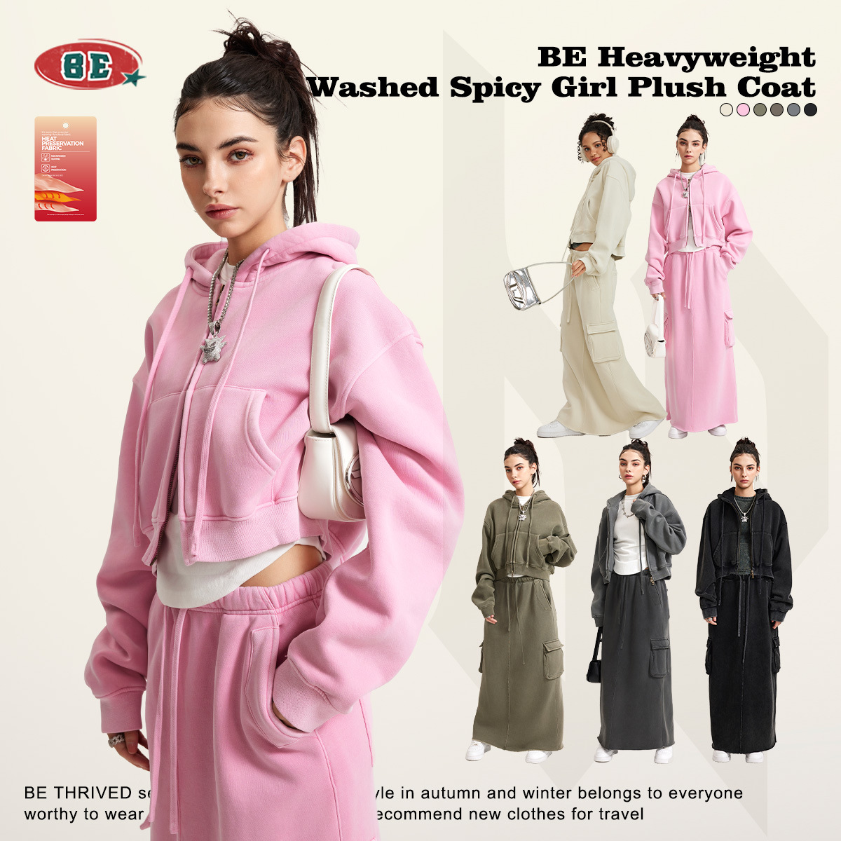 Ropa de Mujer BE, Otoño/Invierno 2025, Sudadera Vintage Lavada Estilo Hot Girl, Chaqueta con Cremallera, Forro Polar, Cárdigan Corto Desgastado para Mujer