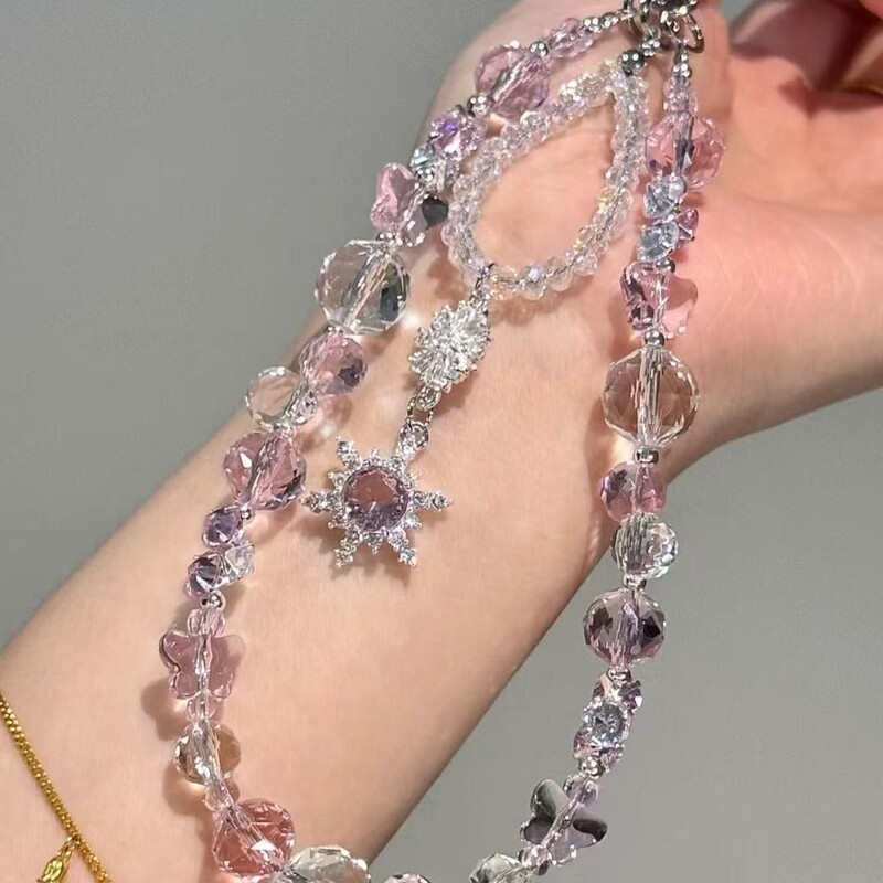 Light Luxury Pink Sun Crystal Beaded Mobile Phone Chain Heavy Industry Classy Niche Pendant Keychain Girl Heart Bag Hanging