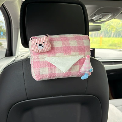 Car Armrest Box Tissue Box – Car tissue box/set - pink-bear-head-pink-umbrella-plaid-tissue-draw-pink