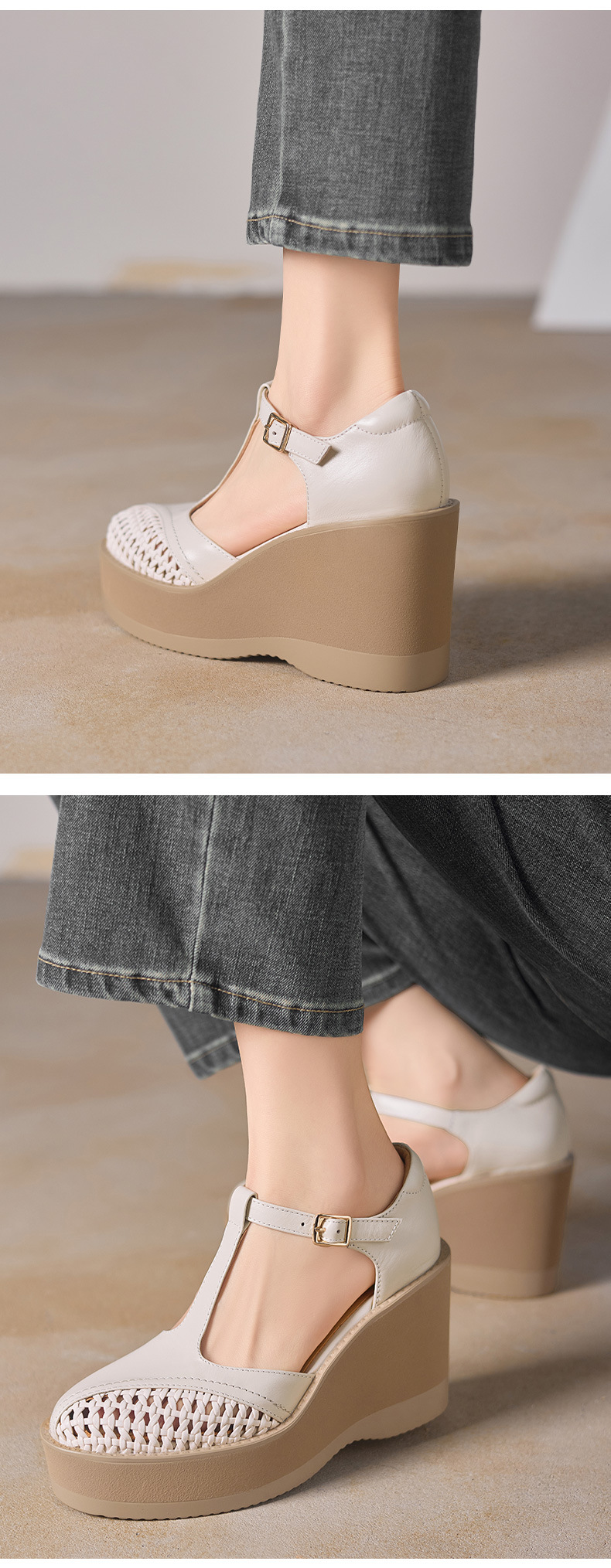 Sandal cao gót nữ quai ngang khóa T, đế dày platform, gót 9.5 cm — đen chi tiết 4