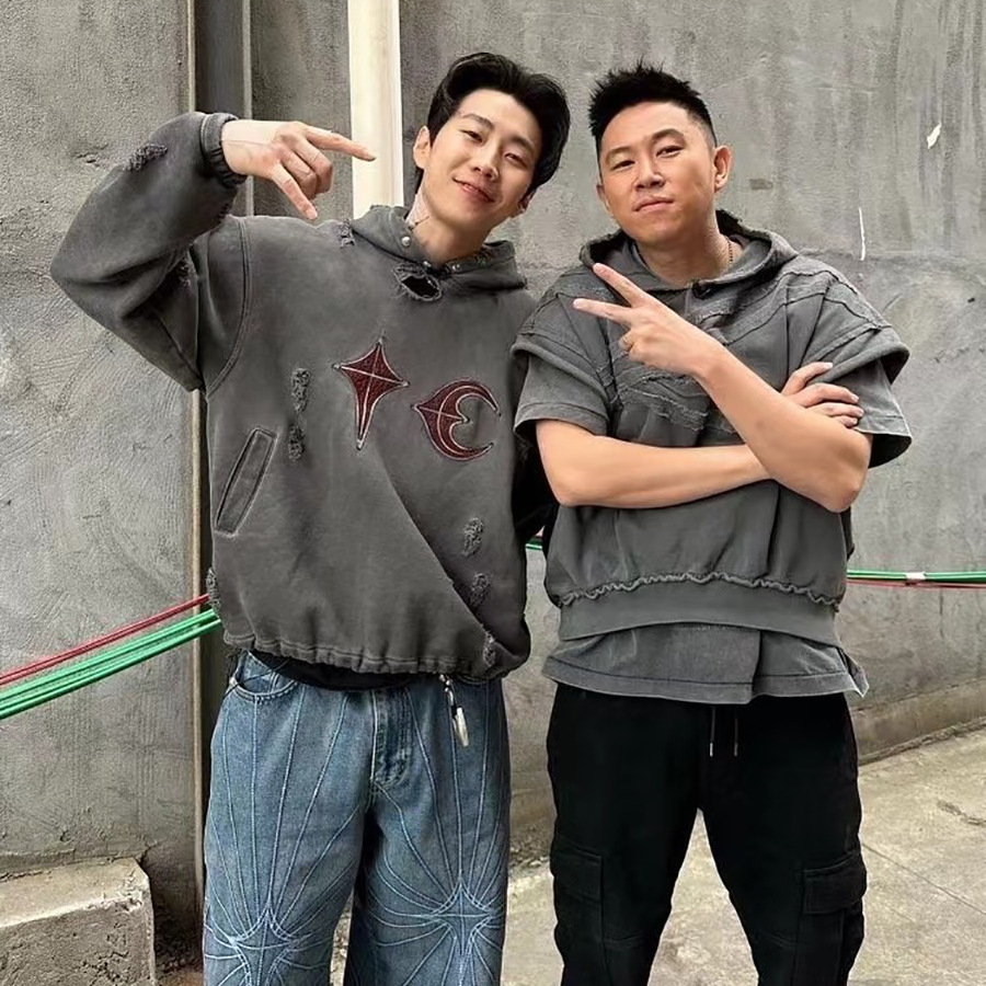 Desmontado Thug Club pu Jai fan mismo estilo pesado dañado lavado de cuero bordado hombres suéter con capucha moda