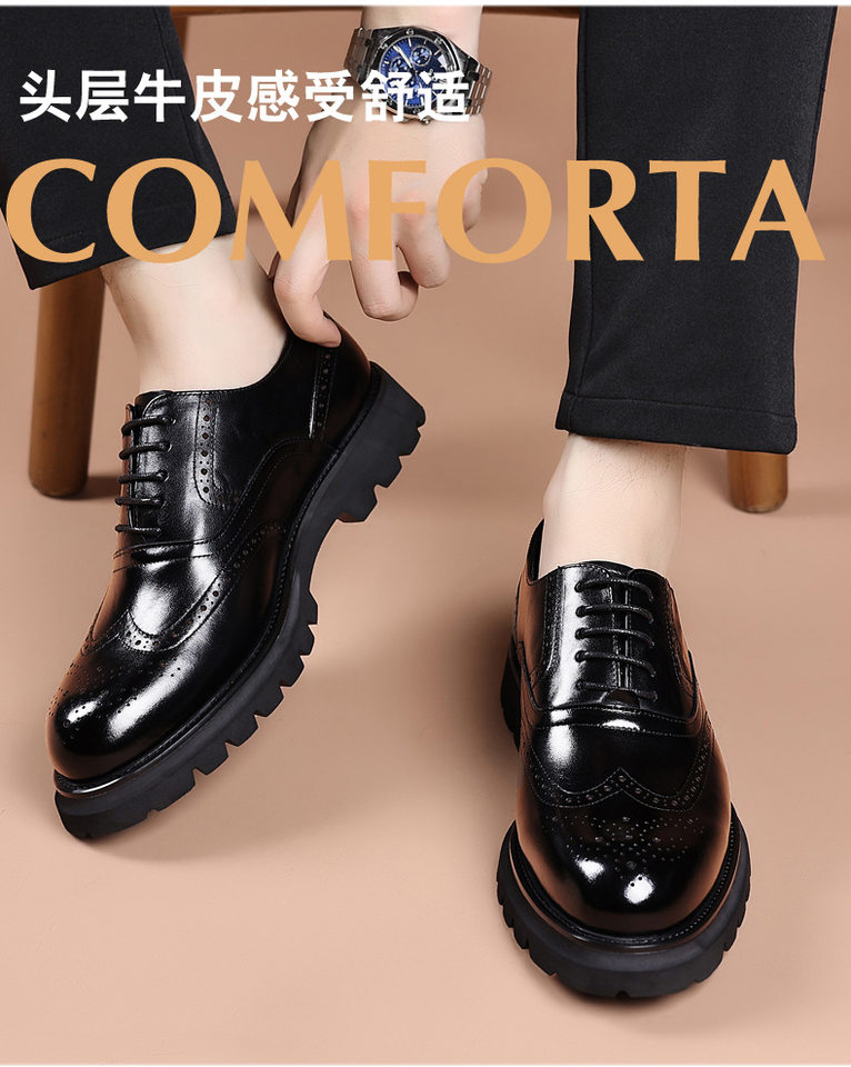 Giày da nam công sở kiểu brogue khắc hoa văn, da bò lớp đầu, đế cao su xốp nhẹ, dây buộc — Màu nâu, màu đen chi tiết 7