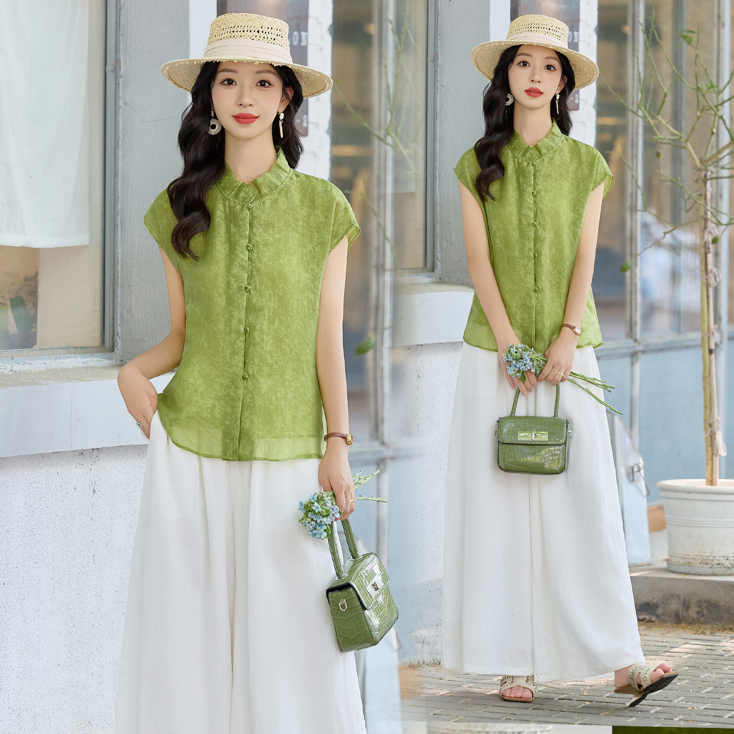 Bộ quần áo hai mảnh mới 2026 mùa hè: áo sơ mi không tay cổ Tàu phối quần ống rộng AH8637 — Màu ảnh