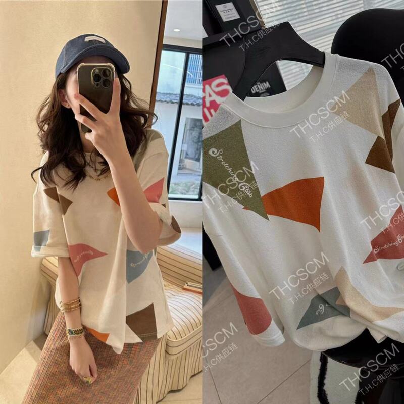 26 Early Spring New Style on Organic Cotton Loop Yarn Club Triangle Color-Block Flag Loose Fit Short Sleeve T-Shirt