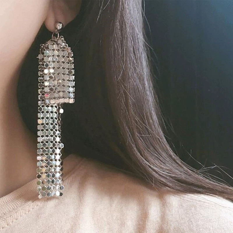 Геометрические металлические блестки длинные серьги с бахромой никой