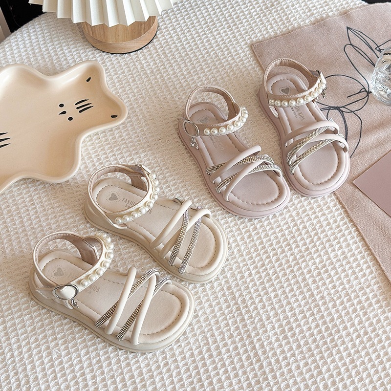 Sandali da bambina con perle e strass, nuovo stile estivo, suola morbida, scarpe romane a punta aperta da principessa per bambine._voghion.com