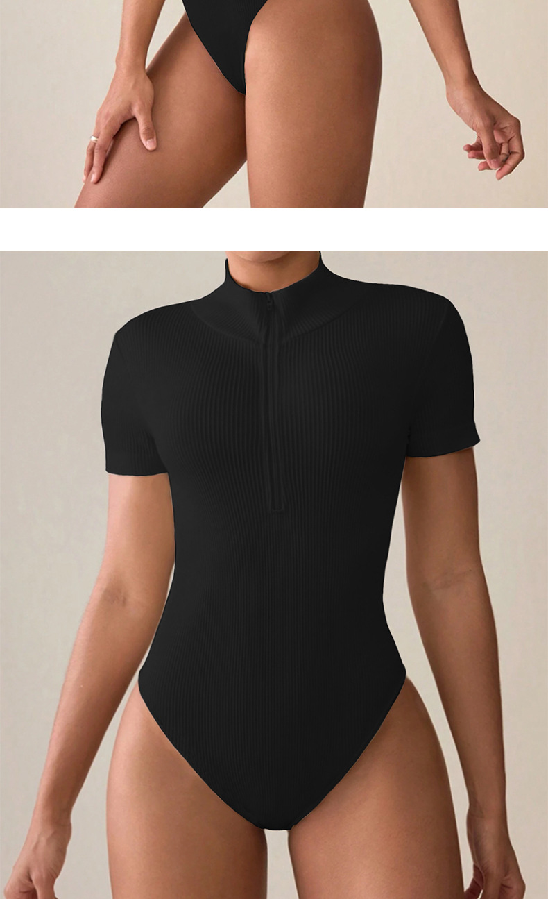 Summer Sports Ribbed Short-sleeve Zippered Jumpsuit Women, Suitable For Layering Or Outerwear,_ecoleips.com
