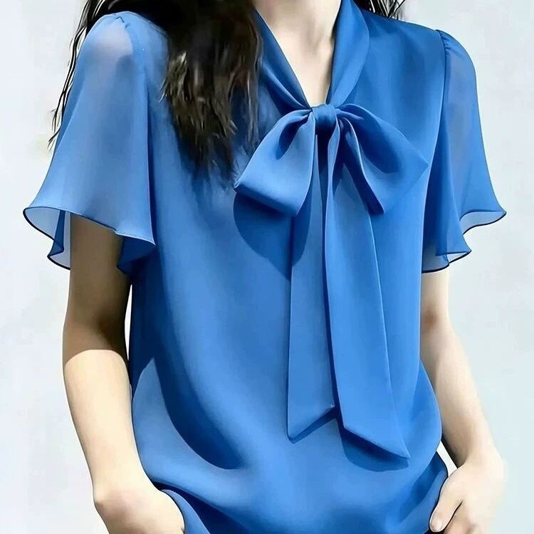 Plus-Size Women's Shirt with Bow Tie, Short Sleeves, Summer New Style, High-End, Age-Reducing, Slimming Top