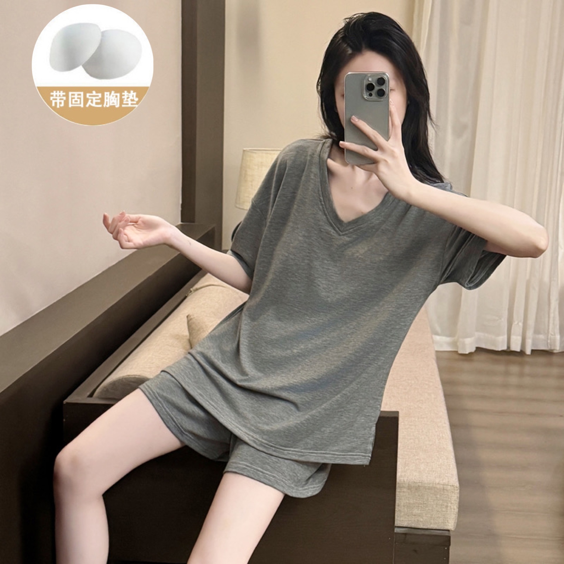 Lazy Style Pajamas for Women, Summer Colored Cotton with Breast Pads, Lazy People Without Bra, Short-Sleeved Shorts, Home Clothes Set, Trendy