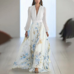 2025欧美女装 亚马逊 独立站 数码印花 长袖 V领 拼接长裙 连衣裙
