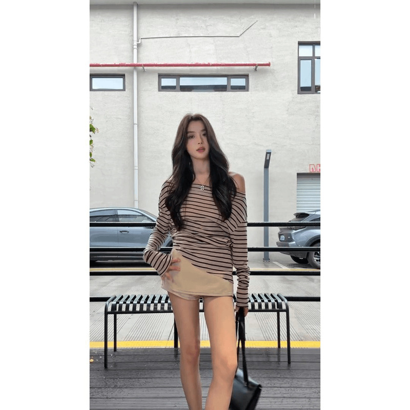 古早韩女感不规则斜肩条纹长袖防晒上衣辣妹短裙裤套装|undefined