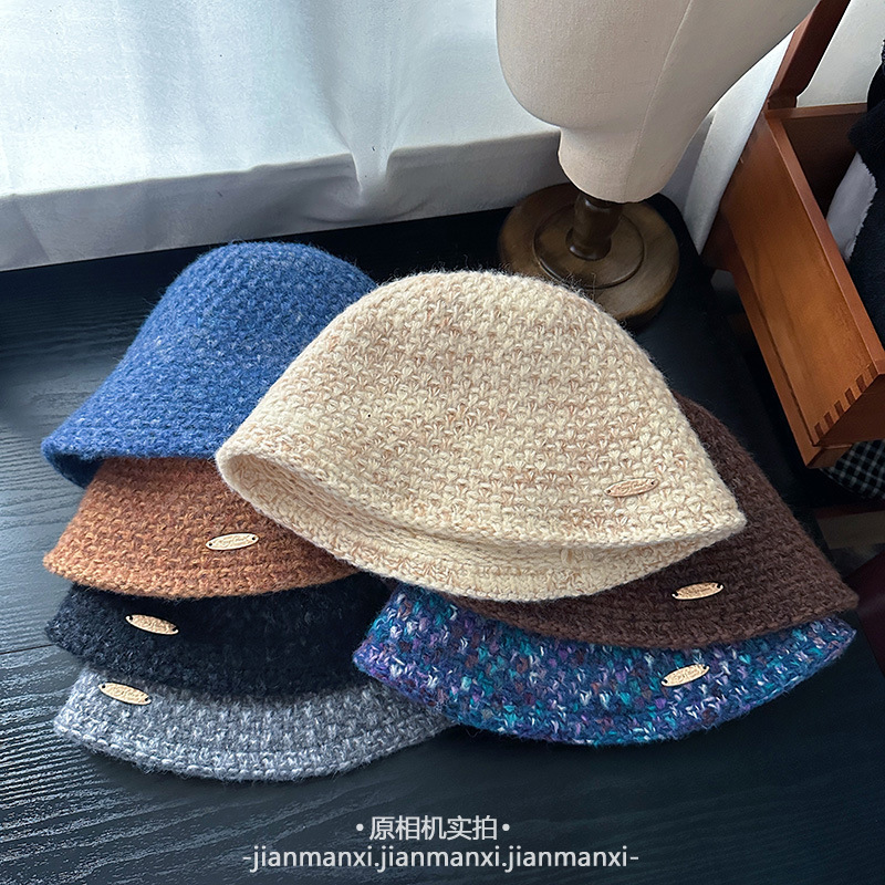 韩版混色针织水桶帽子女冬季复古遮脸显脸小毛线复古保暖渔夫帽潮|undefined