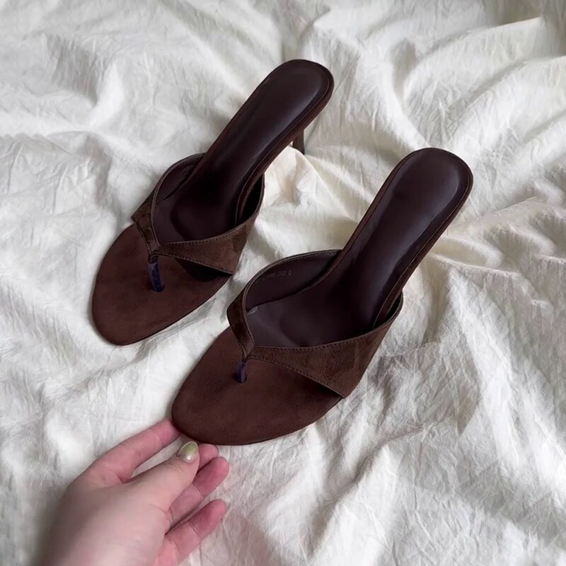 Cowhide Version ~ French Minismal Style Thong Flip-Flops Women's Outer Wear 2025 Summer New High Heel Thin Heel Sandals