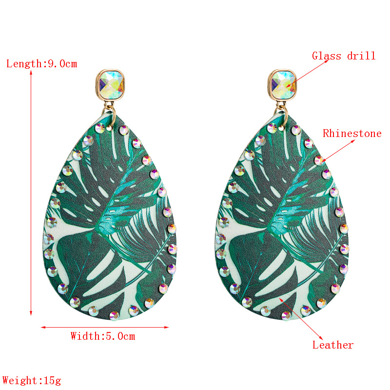 Leather Print Leaf Rhinestone Earrings display picture 1