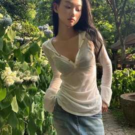 辣妹领连帽防晒衣女款夏季薄纱长袖罩衫修身微透恤褶皱抽绳上衣