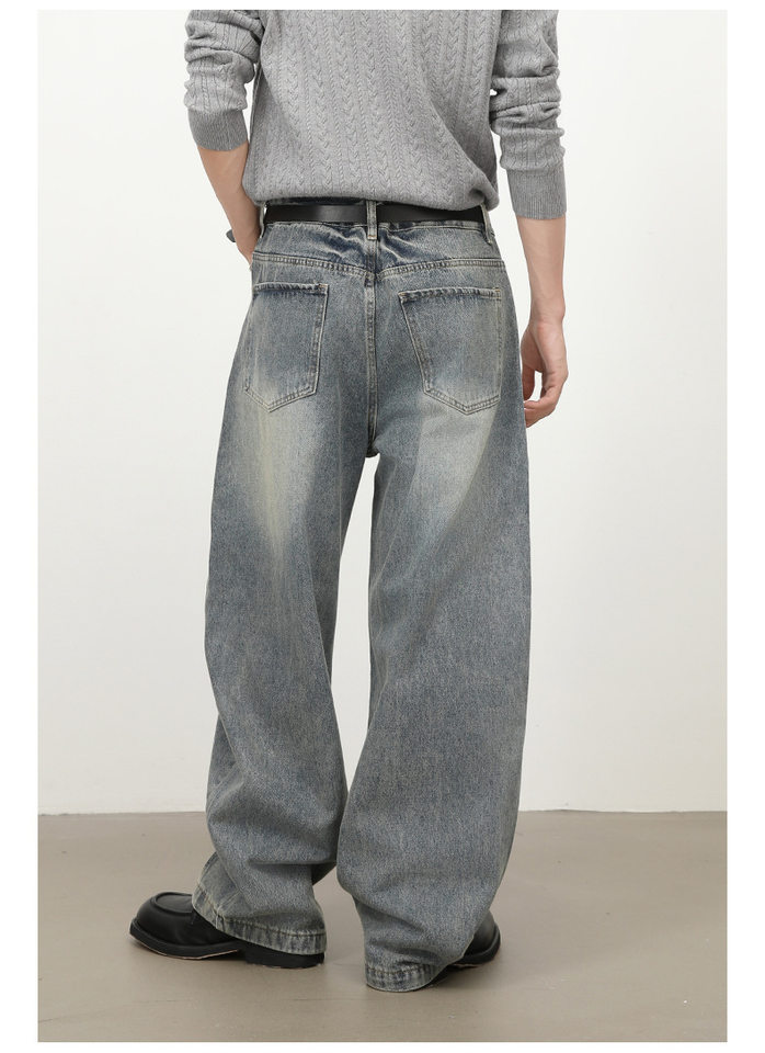 Quần jean nam ống rộng lưng giữa, dáng suông thẳng, denim mềm phong cách retro — màu xanh chi tiết 6
