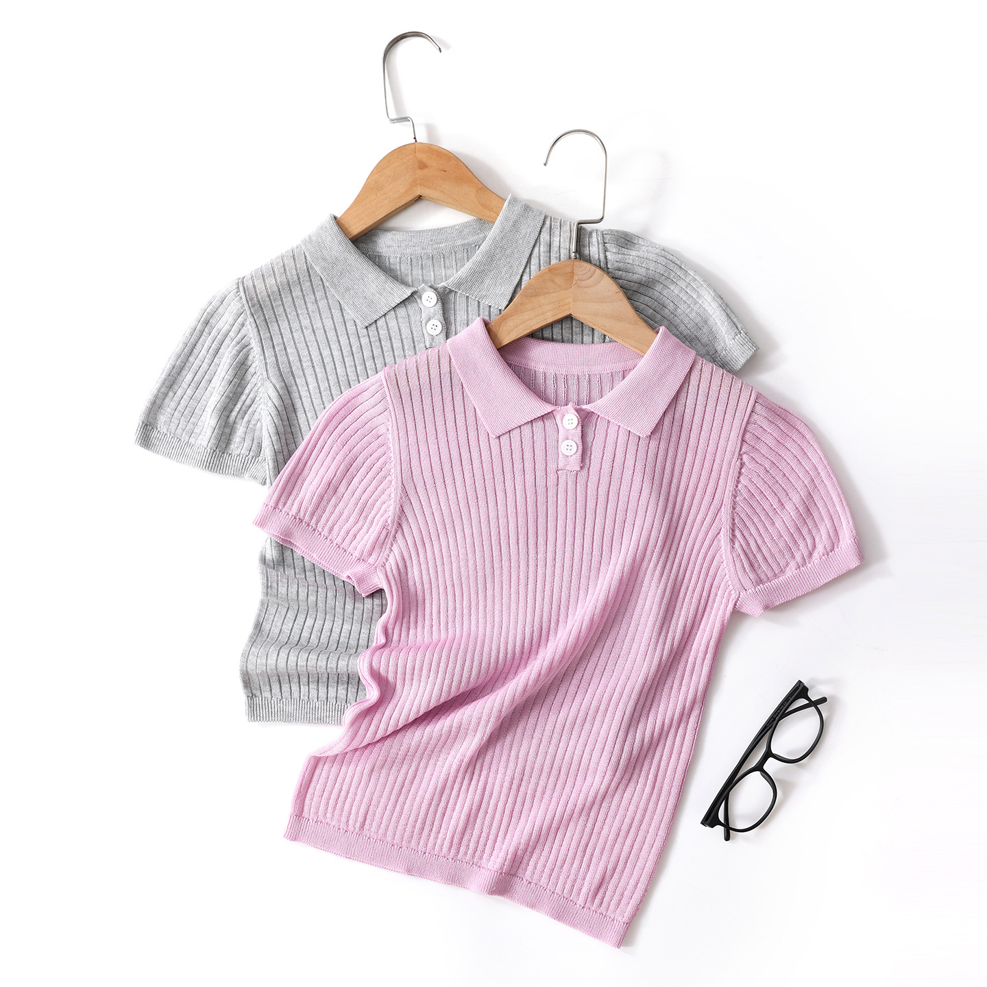 New style polo collar knitted short-sleeved T-shirt for boys and girls, stylish pullover knitted base layer Tencel turn-down collar