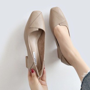 2025 Spring and Autumn Chunky Heel Shoes Women's Middle Heel High Heels French Naked Color Workplace All-match Square Toe Milk Shoes Korean Style Women's Shoes