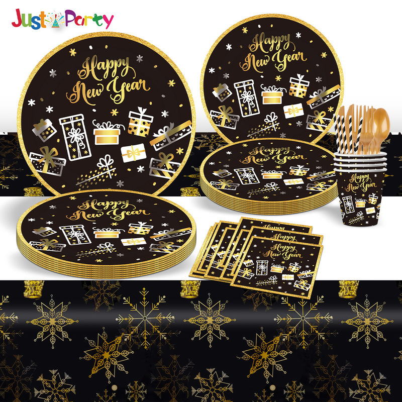 New Year Theme Party Black Gold Color Paper Tray Paper Cup Paper Towel Tablecloth suit Disposable Tableware Props