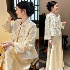 大码胖mm新中式国风唐装女轻奢高级感盘扣外套缎面裙两件套200斤