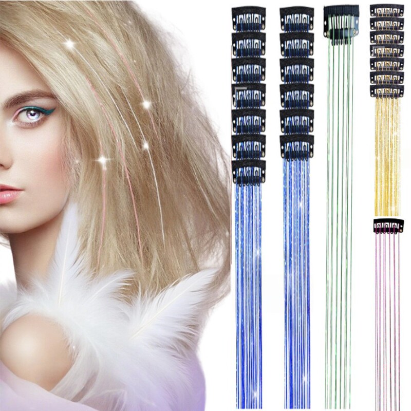 Xuchang Wig 6-Piece Set, Seven-Color Shiny Laser Hair Extensions, Gold and Silver Thread Ear-Hanging One-Piece Glitter Hair Extensions