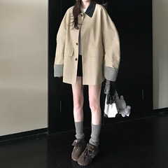 高智巴恩风 卡其色风衣撞色格纹拼接短款宽松外套女秋2025新品潮