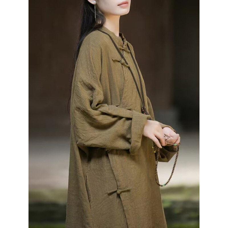 早秋苎麻新中式连衣裙女新款禅修居士服棉麻复古禅意偏襟袍子|undefined